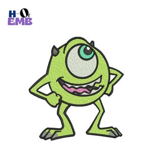 May include: An embroidered patch featuring a round, lime green one-eyed monster with two small horns, a wide smiling mouth with visible teeth, and thin limbs. The design includes a large white eye with a teal iris and black outlines.