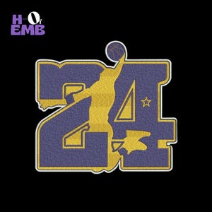 May include: A purple and gold graphic featuring the number 24 with a basketball player silhouette. The player is mid-jump, about to shoot a basketball. A gold star is next to the number 4. The logo "HOF EMB" is in the upper left corner.