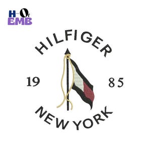 May include: Embroidered logo with the text "HILFIGER NEW YORK" in a circular design. A flag with red, white, and black stripes is attached to a pole. The numbers "19" and "85" are on either side of the flag.