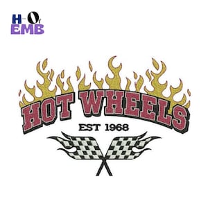 May include: Embroidered design with the text "HOT WHEELS" in maroon, outlined lettering, with flames above and crossed checkered flags below. The text "EST 1968" is also included. The design is on a white background.