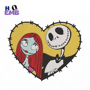 May include: Embroidered patch featuring Sally and Jack Skellington from The Nightmare Before Christmas, set against a yellow heart. Sally has red hair and a blue complexion. Jack is white with a stitched smile. The heart is outlined with black stitches.
