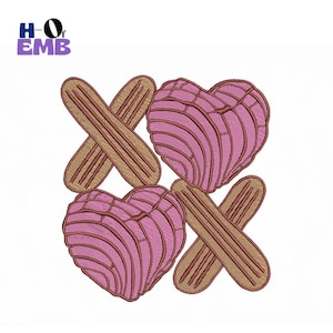 May include: Embroidered design featuring two pink heart-shaped conchas and two brown X-shaped churros. The design is on a white background. The top left corner has the text "HO of EMB" in purple and blue.