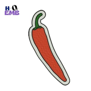 May include: Embroidered patch of a red chili pepper with a green stem and a white and black border. The patch has a textured appearance. The letters "H O EMB" are in the upper left corner.