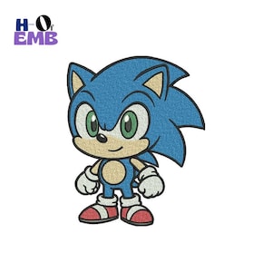 May include: Embroidered image of Sonic the Hedgehog, a blue anthropomorphic hedgehog. He has green eyes, white gloves, and red and white shoes. The image has a textured appearance and is set against a white background. The logo "HO of EMB" is in the upper left corner.