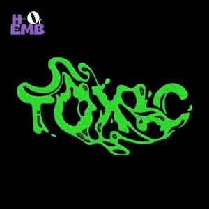 Toxic Slime broderidesign, neongrön graffiti digital fil, Streetwear smältande typsnitt PES DST, flytande goo maskinbroderimönster
