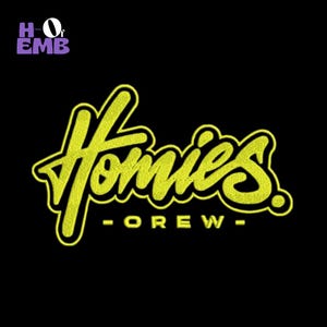 May include: A black background with the word "Homies" in yellow script, outlined in black. Below, the text "- OREW -" is also in yellow. The upper left corner has the letters "HO EMB" in purple.