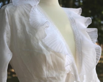 Vintage 70s Peignoir Robe | Ruffle Collar Bell Sleeve Boudoir Robe | Sheer Cotton Jacquard Made in Spain | Size Small Medium