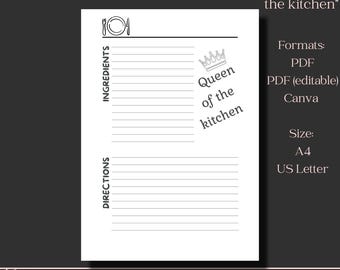 Printable receipe card "Queen of the kitchen" PDF Canva Editable