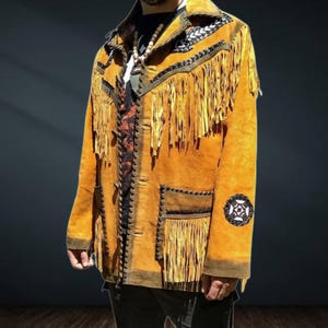 Mens Western Fringe Jacket | Mustard Suede Cowboy Coat | Vintage Rodeo Jacket | Native Style Western Wear | Ranch Fashion Coat