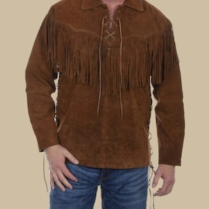 Mens Brown Suede Fringe Shirt Jacket | Western Cowboy Pullover | Vintage Leather Fringe Top | Rustic Ranch Wear for Men