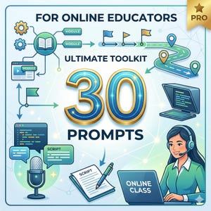 May include: An illustration for online educators, featuring the text "FOR ONLINE EDUCATORS" and "ULTIMATE TOOLKIT". The image highlights "30 PROMPTS" in a gold and blue design. Other elements include a laptop, microphone, and a woman wearing a headset.