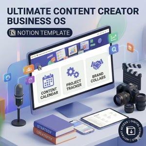 Könnte beinhalten: Ein digitaler Arbeitsbereich für die Erstellung von Inhalten, mit einer Notion-Vorlage auf einem Computermonitor. Das Bild enthält ein Mikrofon, eine Kamera, ein Tablet, ein Smartphone, Bücher und den Text "ULTIMATE CONTENT CREATOR BUSINESS OS".