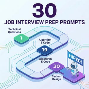 May include: An infographic with the text "30 JOB INTERVIEW PREP PROMPTS". The graphic includes a path with numbered steps: 1, 19, and 30, covering technical questions, algorithm & code, and system design. A robot holds a "HIRED!" sign.
