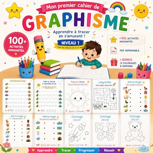 May include: A colorful educational activity book titled Mon premier cahier de GRAPHISME featuring a cartoon child writing in a workbook, surrounded by illustrations of pencils, a smiling pencil character, and various tracing and coloring worksheets.