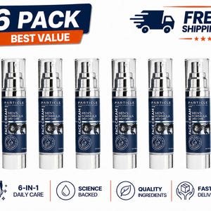 May include: Six bottles of Particle Men's Formula Face Cream are displayed. Each bottle has a silver pump and a dark blue label with white text. The image includes text that says "6 Pack Best Value" and "Free Shipping".