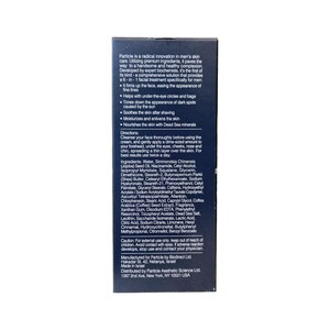 Peut inclure: Bo&icirc;te noire et blanche de produit de soin pour la peau Particle. Le texte d&eacute;crit les bienfaits du produit, notamment le raffermissement du visage, la r&eacute;duction des taches sombres et l'hydratation de la peau. Le produit est pour hommes.