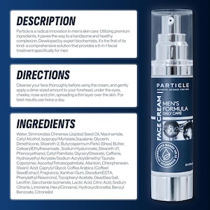 Peut inclure: Flacon de cr&egrave;me pour le visage argent&eacute; et blanc avec le texte "Particle Aesthetic Science for Men" et "Men's Formula Daily Care". L'&eacute;tiquette indique &eacute;galement les ingr&eacute;dients. Le produit est pour les soins de la peau des hommes.