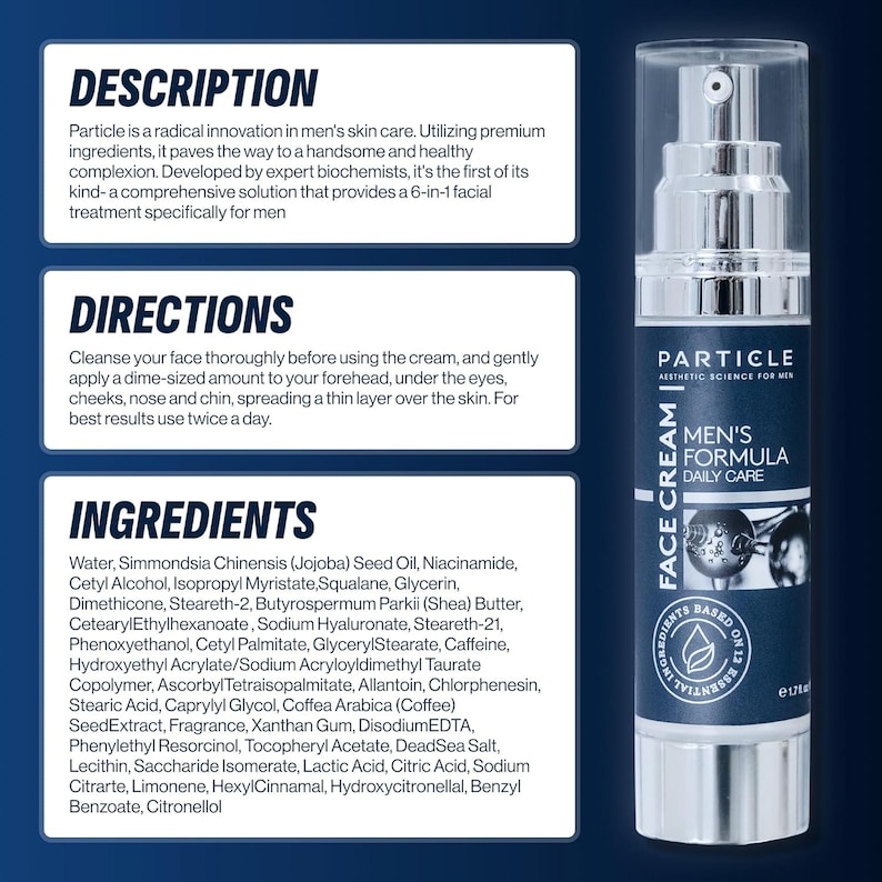 Peut inclure: Flacon de cr&egrave;me pour le visage argent&eacute; et blanc avec le texte "Particle Aesthetic Science for Men" et "Men's Formula Daily Care". L'&eacute;tiquette indique &eacute;galement les ingr&eacute;dients. Le produit est pour les soins de la peau des hommes.