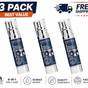 Peut inclure: Trois flacons de cr&egrave;me pour le visage argent&eacute;s et bleu marine avec le texte "3 PACK BEST VALUE". Chaque flacon porte le texte "Particle Men's Formula Daily Care". Le texte suppl&eacute;mentaire comprend "6-IN-1 Daily Care".