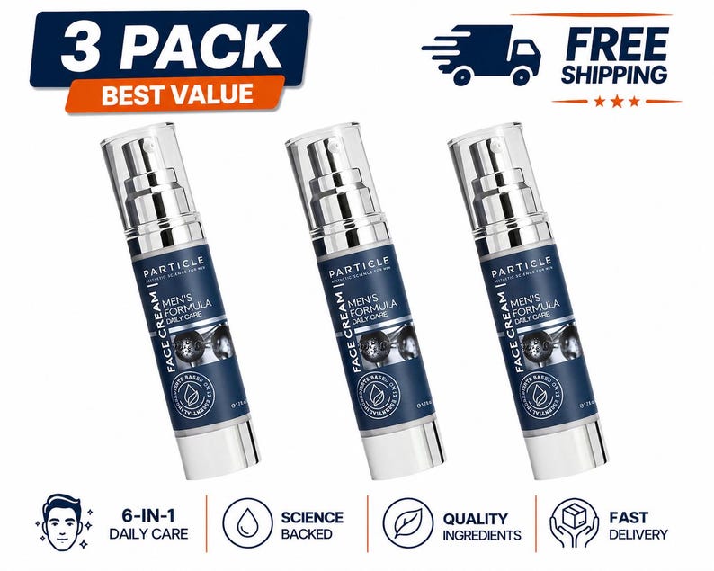 Peut inclure: Trois flacons de cr&egrave;me pour le visage argent&eacute;s et bleu marine avec le texte "3 PACK BEST VALUE". Chaque flacon porte le texte "Particle Men's Formula Daily Care". Le texte suppl&eacute;mentaire comprend "6-IN-1 Daily Care".