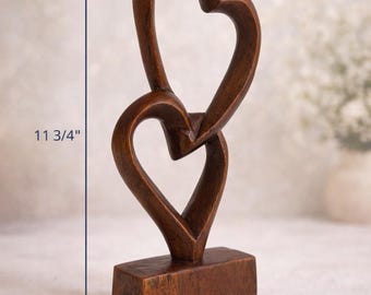 Hand Carved Wooden Double Heart Sculpture, Rustic Love Decor, Romantic Couple Gift