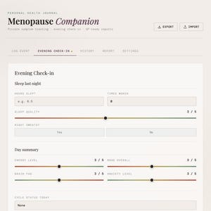 May include: Screenshot of a digital personal health journal titled "Menopause Companion." The interface includes sections for evening check-in, sleep quality, and day summary, with sliders for energy, mood, and anxiety levels.