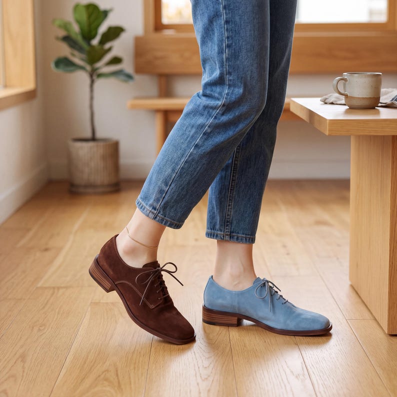 May include: A pair of suede oxford shoes, one in a rich brown and the other in a light blue. Both shoes have a classic lace-up design and a low heel. The shoes are displayed on a wooden floor, with a person wearing blue jeans.
