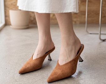 Summer Pointed Toe Mule Heels- Women Elegant Slip On Slides- Mid Heel Party Shoes- Chic Minimalist Spring Autumn Wear- Gift For Her
