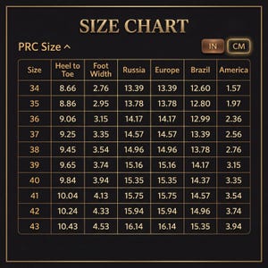 May include: A shoe size chart with PRC sizes, heel-to-toe measurements in inches, and foot width in inches. Includes conversions for Russia, Europe, Brazil, and America. The chart is displayed on a dark background with gold text.