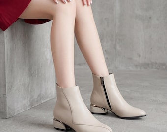 Botines de otoño para mujer con punta afilada - Botines casuales de tacón bajo con cremallera - Piel sintética PU cálida, estilo urbano - Zapatos cómodos para el día a día