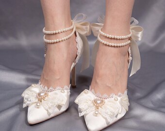 White Bridal  Heels Luxury Designer Wedding Shoes for Women- Elegant Y2K Lolita Pumps Pointed Toe Party Heels- Bride Ivory Fashion