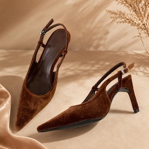 Elegant Flock Slingback Heels: Pointed Toe Stiletto Pumps for Women