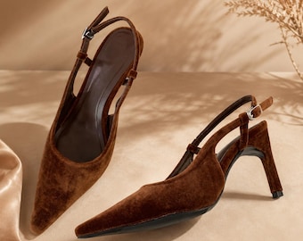 Elegant Flock Slingback Heels: Pointed Toe Stiletto Pumps for Women
