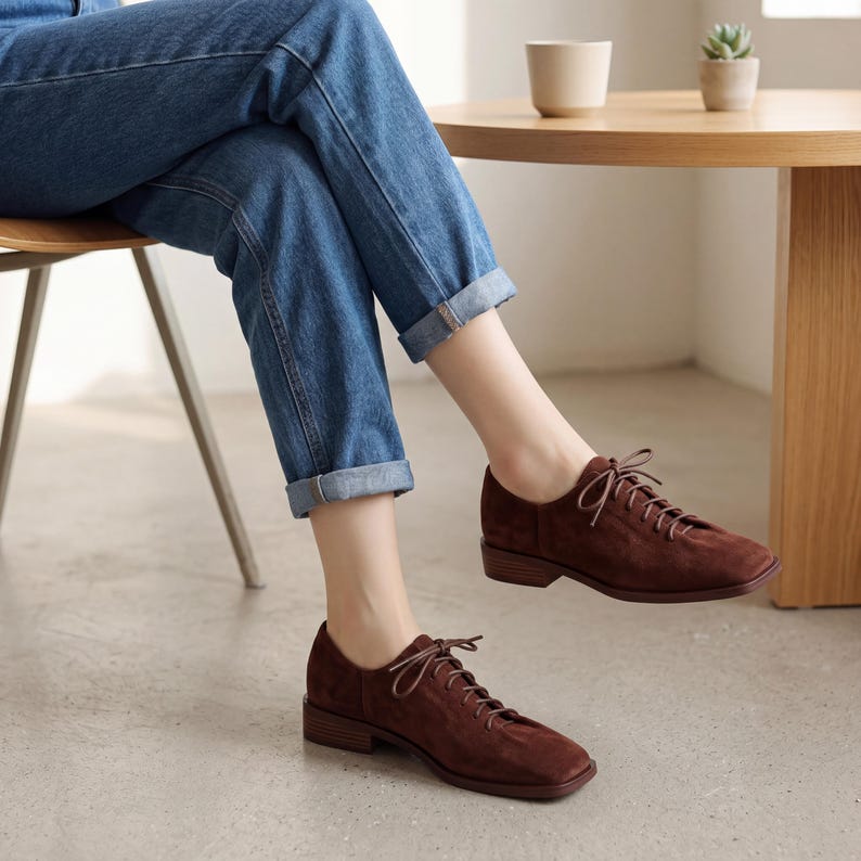 May include: Brown suede lace-up shoes with a square toe and a low heel. The shoes are a deep reddish-brown color and have matching brown laces. The person is wearing blue jeans.