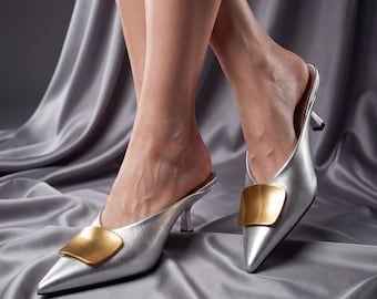 Designer Pointed Toe Mule Heels for Women- Sexy Slip On Sandals- Elegant Thin Heel Summer Shoes- Chic Open Back PU