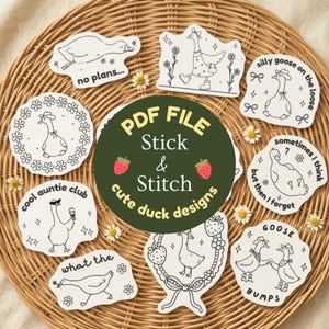 Stick and Stitch Goose Embroidery PDF Pattern, Beginner Printable Hand Embroidered Clothing Stickers Girly