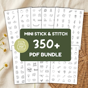 Può includere: Un pacchetto PDF digitale di mini schemi per ricamo stick and stitch con oltre 350 icone in bianco e nero, tra cui fiori, animali, cibo e simboli celesti, visualizzati su diversi fogli bianchi con una sovrapposizione centrale di colore verde.