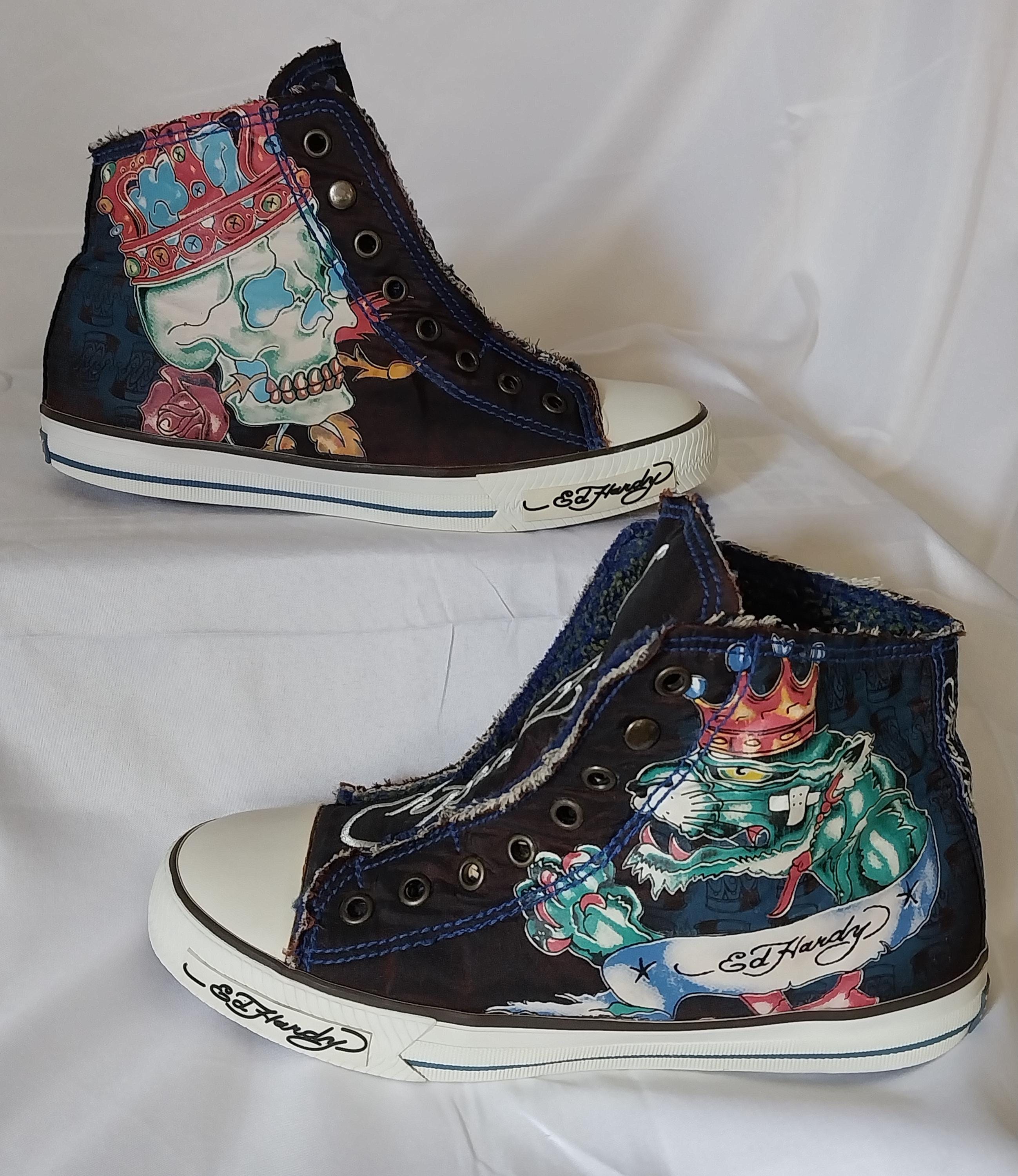 Vintage Ed Hardy Skull/tiger High Top Sneakers Black/royal Blue