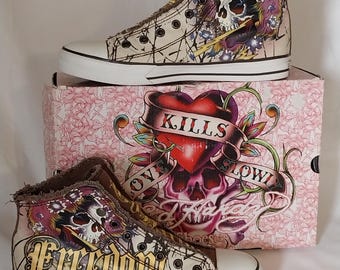 OG BOX Vintage Ed Hardy "FREEDOM" Skull High-top Sneakers- Womens size 8 Y2K