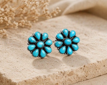 Sleeping Beauty Turquoise Stud Earrings | Navajo Style Sterling Silver Cluster Studs | Southwestern Boho Turquoise Earrings Gift