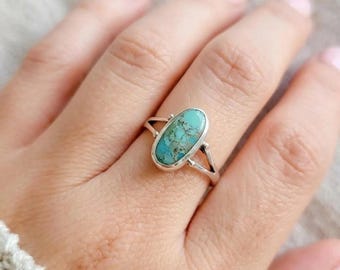 Natural Oval Turquoise Ring, Sterling Silver Boho Statement Jewelry