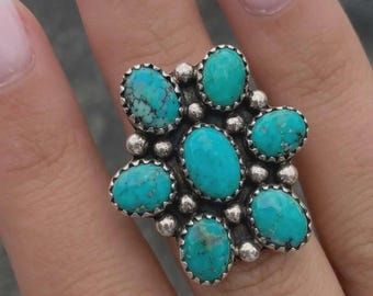 Natural Kingsman Turquoise 7 Stone Ring: Handmade 925 Sterling Silver Jewelry, Oval Shape Gemstone, Genuine Mohave Turquoise Ring