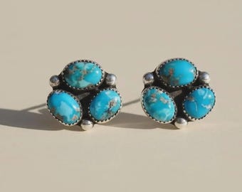 Genuine Turquoise Studs - 925 Sterling Silver Studs - Half Cluster Studs - Oval Shaped Turquoise Studs - Turquoise Statement Studs