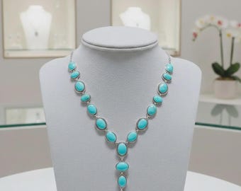 Turquoise Necklace Sterling Silver | Handmade Boho Turquoise Statement Necklace | Long Silver Turquoise Jewelry Gift