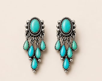 Kingman Turquoise Dangle Earrings, Sterling Silver Chandelier Earrings, Boho Western Jewelry, Handmade Navajo Style Turquoise Drop Earrings