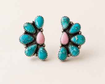 Kingman Mohave Turquoise & Pink Opal Cluster Studs, Genuine Turquoise Studs Earrings, 925 Sterling Silver Earrings Handmade Jewelry
