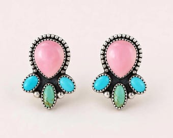 Kingman Mohave Turquoise & Pink Opal Cluster Studs, Genuine Turquoise Studs Earrings, 925 Sterling Silver Earrings Handmade Jewelry