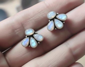 Tiny Rainbow Moonstone Stud Earrings in Sterling Silver,Moonstone Jewelry,June Birthstone,Gemstone Earrings,Minimalist Earrings,Gift for Her