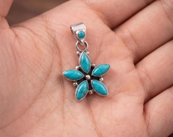 Turquoise Flower Pendant – Sterling Silver Turquoise Necklace Pendant, Floral Turquoise Jewelry, Boho Southwestern Gift for Her