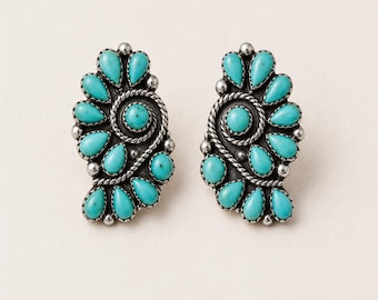 Kingman Turquoise Statement Earrings, Sterling Silver Cluster Earrings, Handmade Navajo Style Jewelry, Boho Western Earrings,Turquoise Studs